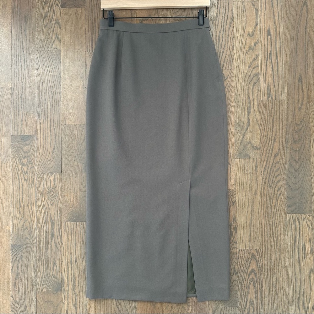 Vintage Designer High Waist Midi Wool Pencil Skirt in Dusty Grey Olive 8 / M - Picture 2 of 9